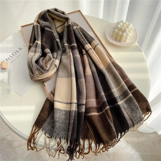 Luxury Plaid Print Warm Travel Scarf Women Cashmere Winter Pashmina with Tassel Shawl Wraps Bufanda Long Casual Echarpe New