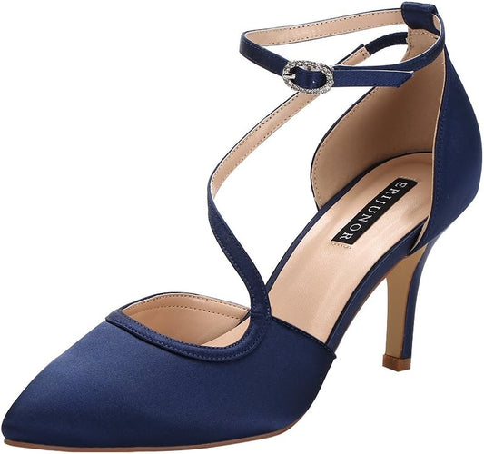 Women Comfortable Mid Heel Ankle Strappy Dress Pumps Pointed Toe Satin Wedding Evening Party Shoes