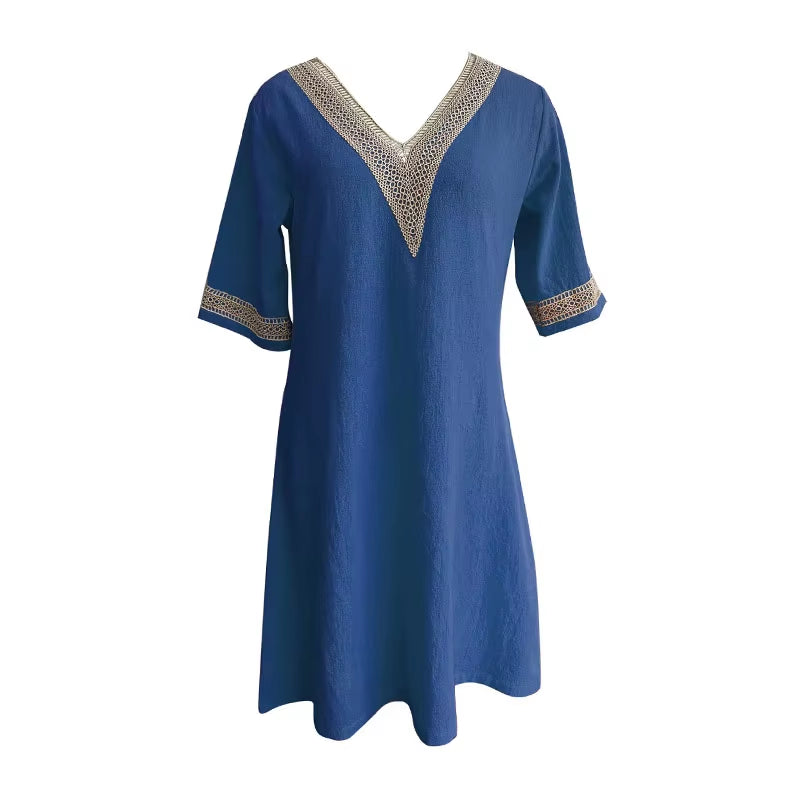 Women Cotton Linen Dress 2025 Summer Sexy V-Neck White Dress Elegant Luxury Casual Solid Color Mid-Sleeve Female Y2K Streetwear