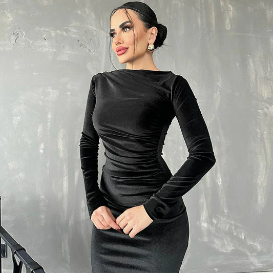 2024 Spring Summer Velvet Long Sleeve Midi Dress for Women Ruched Long Dress Elegant Party Clothes Evening Green Outfits