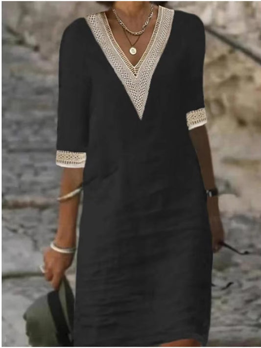 Women Cotton Linen Dress 2025 Summer Sexy V-Neck White Dress Elegant Luxury Casual Solid Color Mid-Sleeve Female Y2K Streetwear